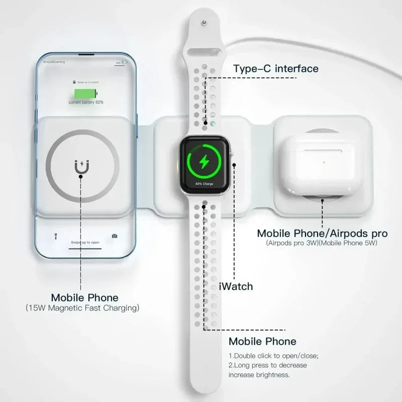 3-in-1 Foldable Magnetic Wireless Charger – iPhone, Apple Watch & AirPods