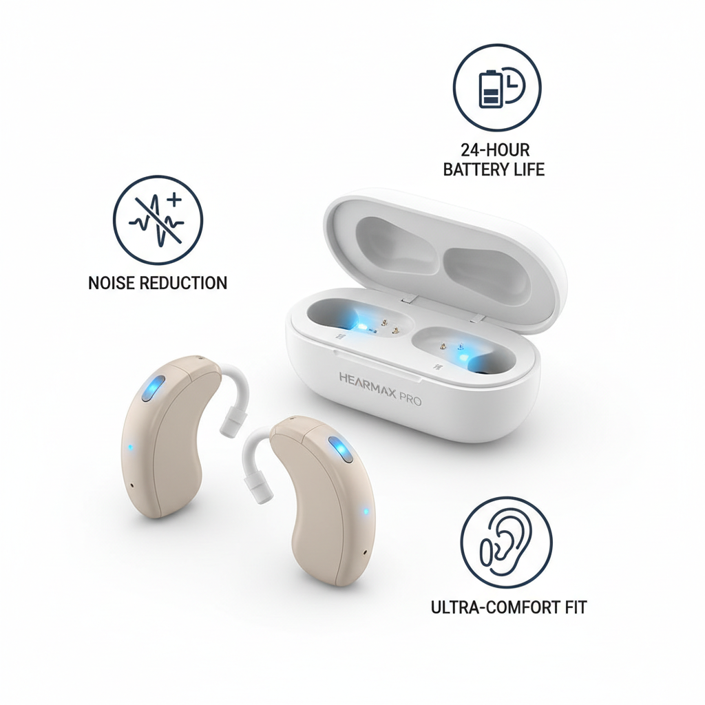 Rechargeable in-ear hearing aid feature highlights with charging case