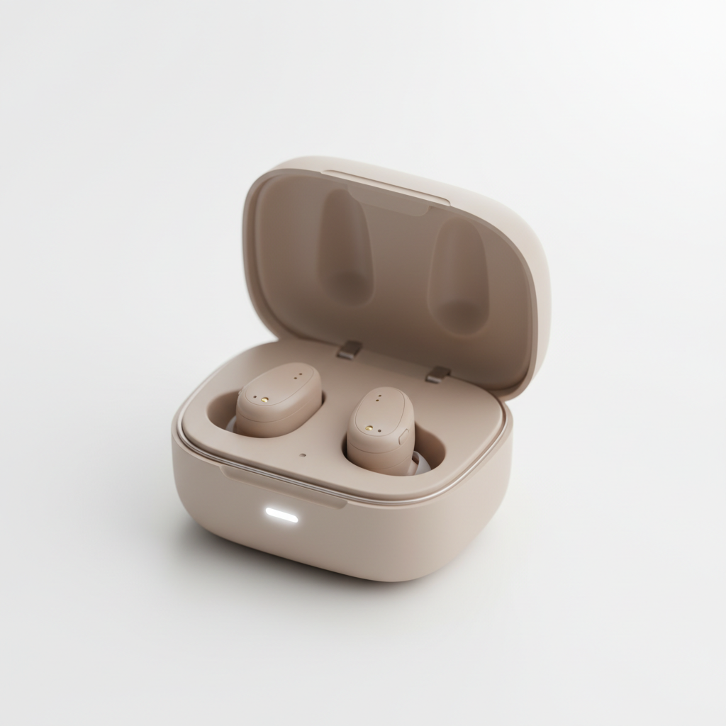 Rechargeable in-ear hearing aid with magnetic charging case on white background
