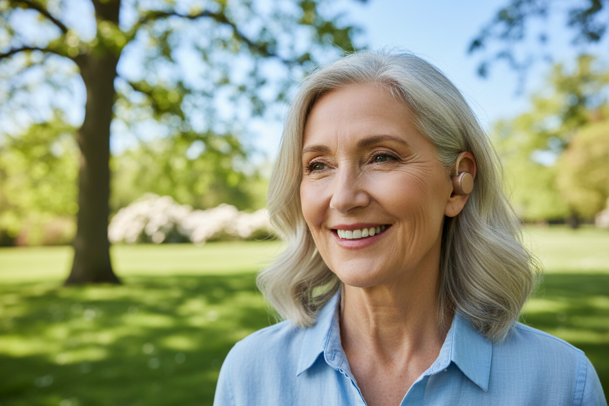 Person wearing rechargeable in-ear hearing aid outdoors